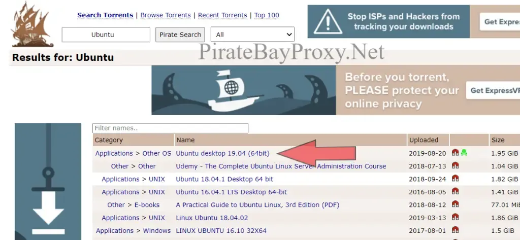 Choosing a torrent from the search results