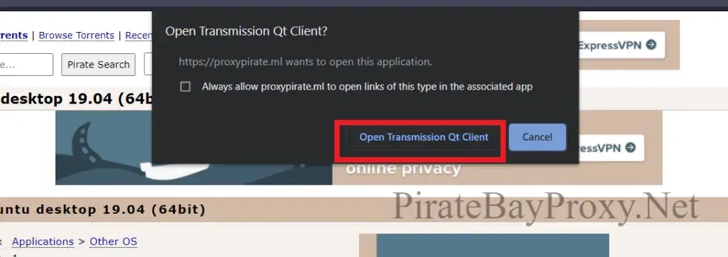 Browser asking permission to open the BitTorrent client