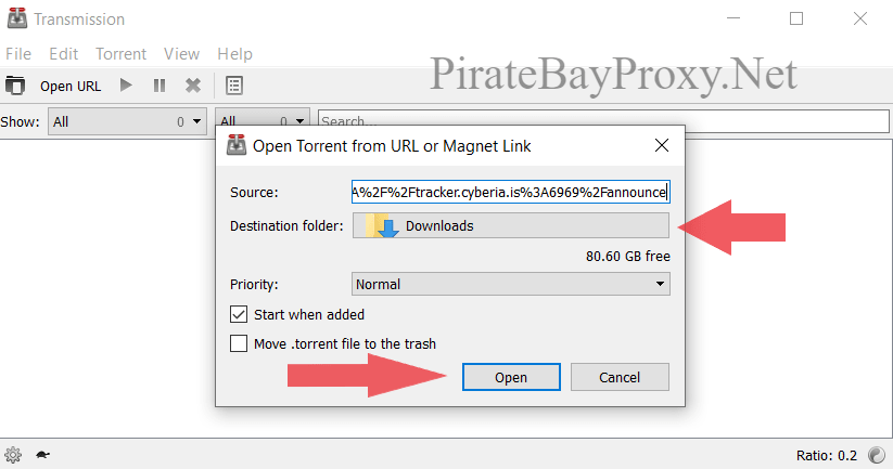 Selecting the download destination in Transmission